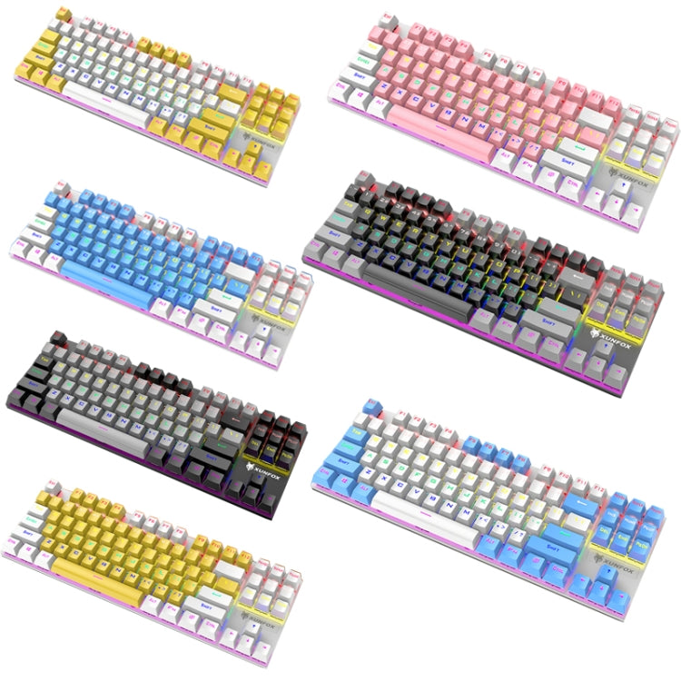 XUNFOX K80 87 Keys Wired Gaming Mechanical Illuminated Keyboard, Cable Length:1.5m, White Yellow, Black Gray, Pink White, Blue White, White Blue, Yellow White, Gray Black