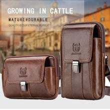 Load image into Gallery viewer, BULL CAPTAIN Multifunctional Leather Mobile Phone Small Waist Bag For Men, Horizontal Brown, Horizontal Black, Vertical Brown, Vertical Black