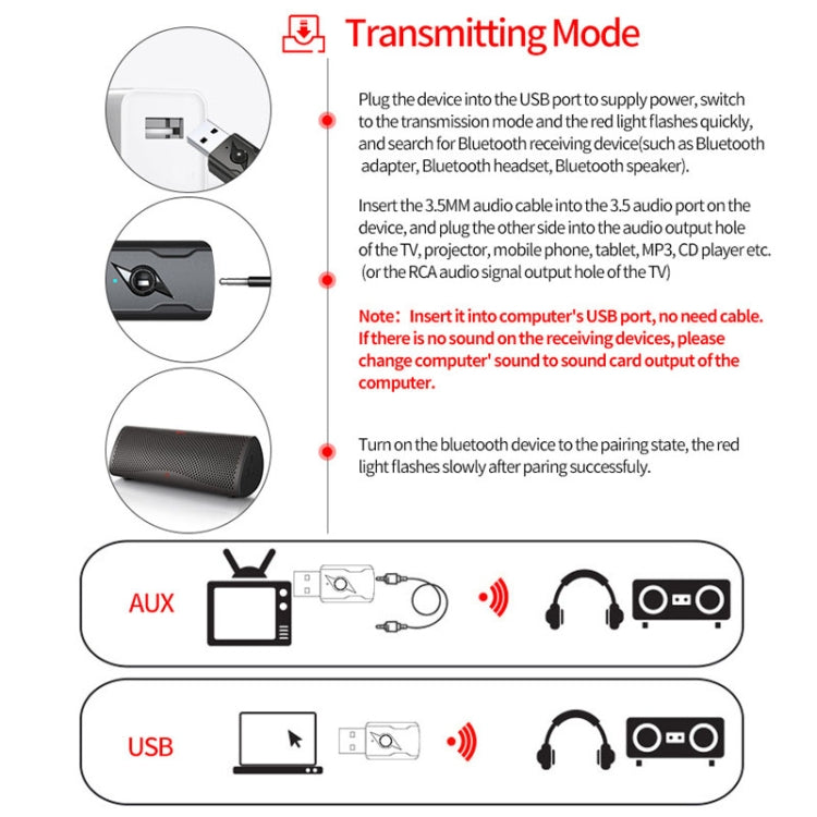 5.0 Bluetooth Transmitter AUX Receiver USB Dual Output Computer Audio Adapter, M136