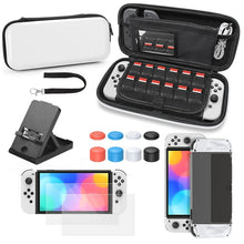 Load image into Gallery viewer, Game Console Crystal Shell Remote Sensing Cap Tempered Film Storage Bag Set For Switch OLED Console, Storage Bag+Crystal Case+Rocker Capx6+Tempered Film, White Storage Bag 14 In 1(Hand Rope), White Storage Bag 16 In 1