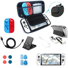Load image into Gallery viewer, Game Console Crystal Shell Remote Sensing Cap Tempered Film Storage Bag Set For Switch OLED Console, Storage Bag+Crystal Case+Rocker Capx6+Tempered Film, White Storage Bag 14 In 1(Hand Rope), White Storage Bag 16 In 1
