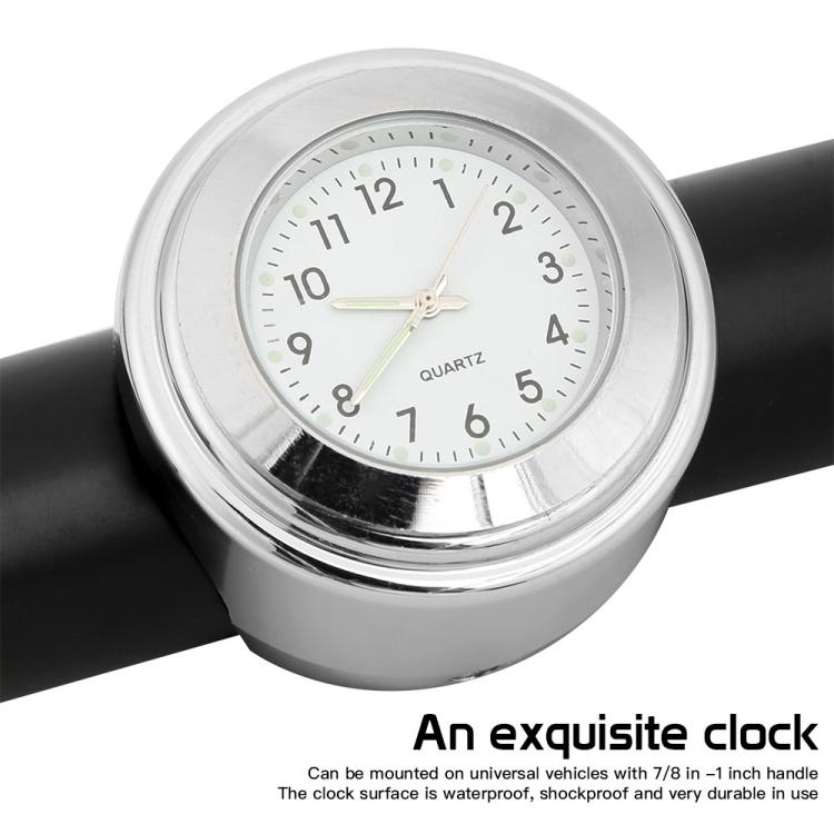 Aluminum Alloy Plating Motorcycle Handlebar Clock, Clock Silver Shell White Background, Clock Black Shell White Background, Clock Black Shell Black Background, Clock Silver Shell Black Background