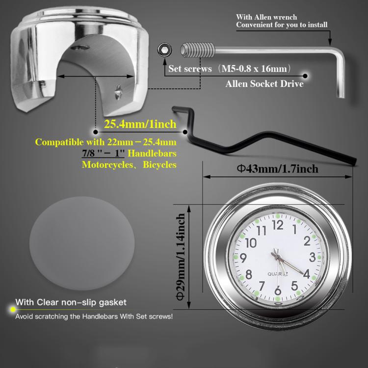 Aluminum Alloy Plating Motorcycle Handlebar Clock, Clock Silver Shell White Background, Clock Black Shell White Background, Clock Black Shell Black Background, Clock Silver Shell Black Background