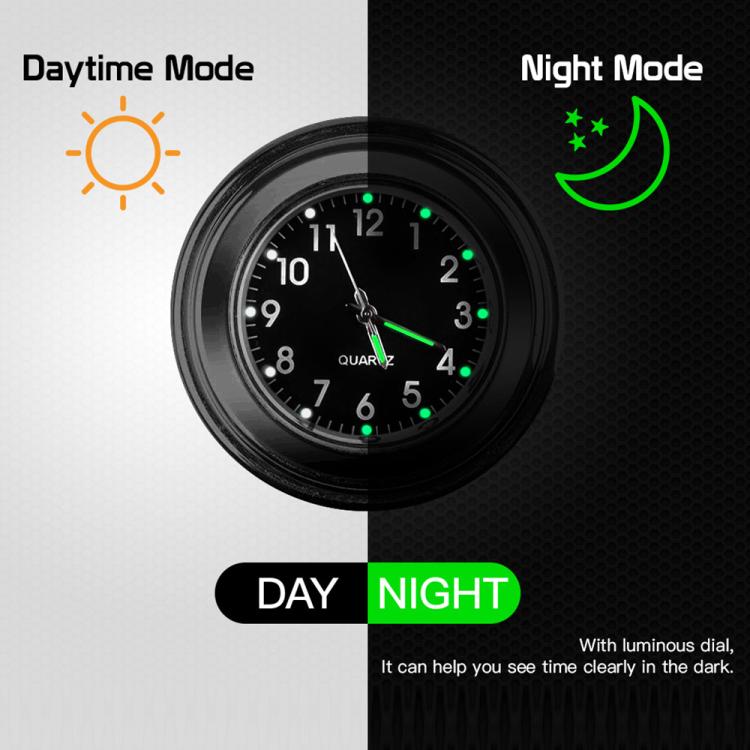 Aluminum Alloy Plating Motorcycle Handlebar Clock, Clock Silver Shell White Background, Clock Black Shell White Background, Clock Black Shell Black Background, Clock Silver Shell Black Background