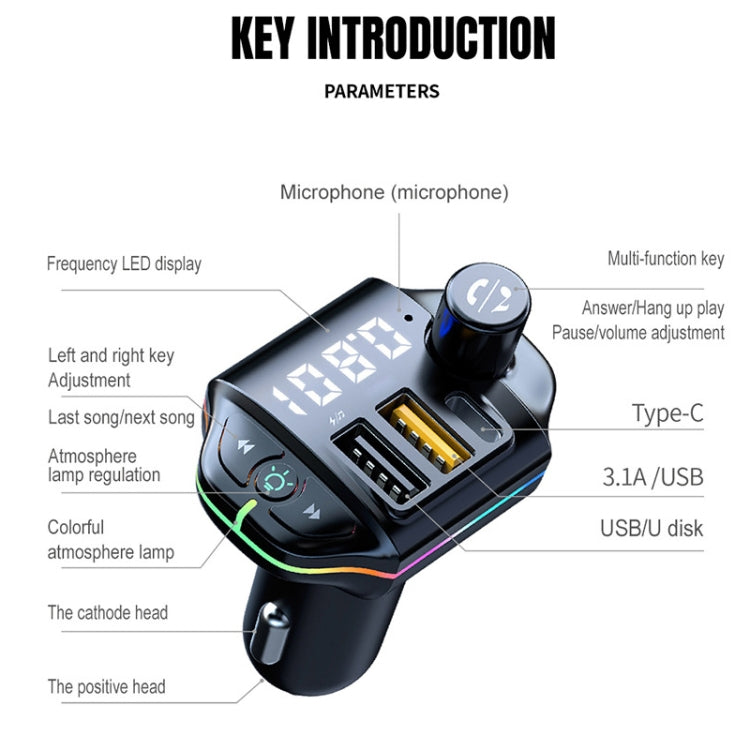 A10 Colorful Atmosphere Light FM Bluetooth Transmitter Car Charger, A10