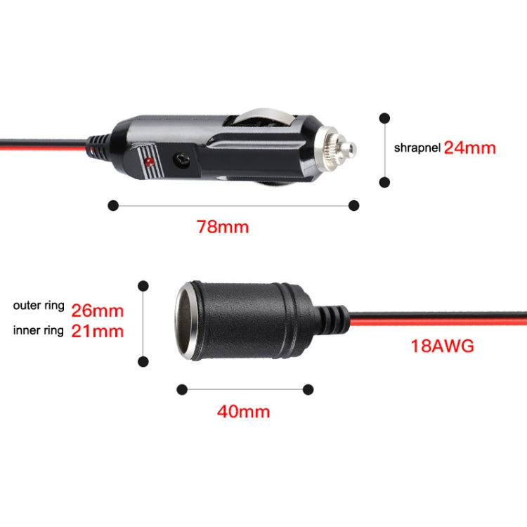 12-24V Car Cigarette Lighter Plug Extension Line, Cable Length 3.7m, 12-24V Length 370cm