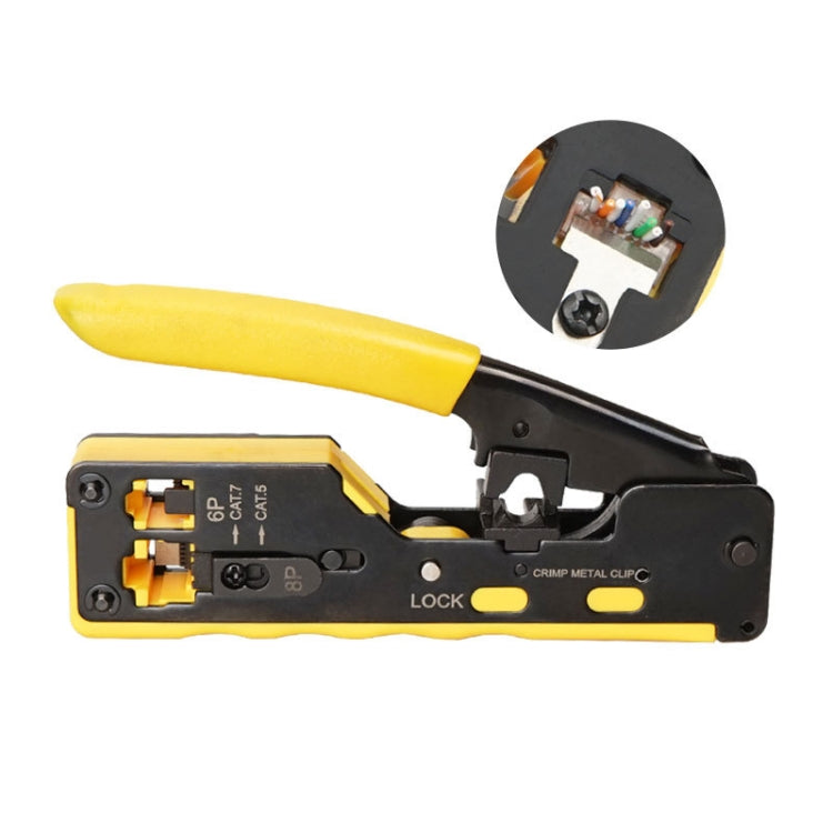6P8P Seven-type Through-hole Crystal Head  Wire Stripping Tool Network Cable Pliers, Yellow, Black