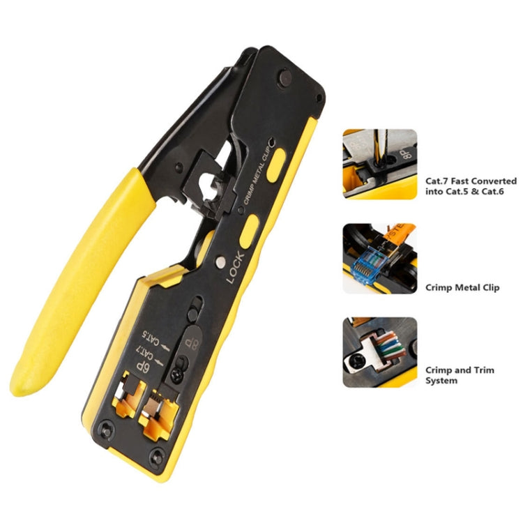 6P8P Seven-type Through-hole Crystal Head  Wire Stripping Tool Network Cable Pliers, Yellow, Black
