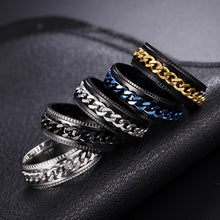 Load image into Gallery viewer, 2 PCS Men Stainless Steel Embossed Turnable Chain Rings, Black, Steel Color, Black Steel Color, Dark Blue, Black Gold