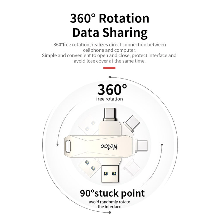 Netac U782C Type-C Dual Interface High-Speed Metal Computer USB Flash Drive, 32GB, 64GB, 128GB