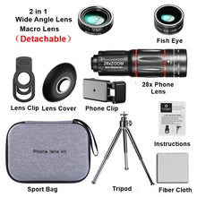 Load image into Gallery viewer, Mobile Phone Universal Lens Telescope 28X + Wide Angle 0.6X + Macro 20X + Fisheye 198 Degree Set
