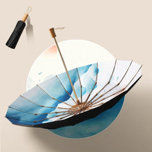 Load image into Gallery viewer, Retro Tri-Fold Wooden Handle 16-Bone Folding Sunscreen Parasol, Yunchun Tree, Sunset Mountains, Jiangnan Yi, Ao Hanmei, Chrysanthemum City