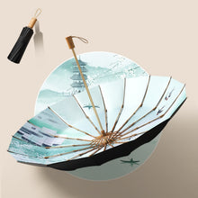 Load image into Gallery viewer, Retro Tri-Fold Wooden Handle 16-Bone Folding Sunscreen Parasol, Yunchun Tree, Sunset Mountains, Jiangnan Yi, Ao Hanmei, Chrysanthemum City