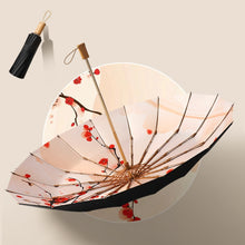 Load image into Gallery viewer, Retro Tri-Fold Wooden Handle 16-Bone Folding Sunscreen Parasol, Yunchun Tree, Sunset Mountains, Jiangnan Yi, Ao Hanmei, Chrysanthemum City
