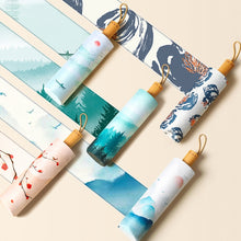 Load image into Gallery viewer, Retro Tri-Fold Wooden Handle 16-Bone Folding Sunscreen Parasol, Yunchun Tree, Sunset Mountains, Jiangnan Yi, Ao Hanmei, Chrysanthemum City