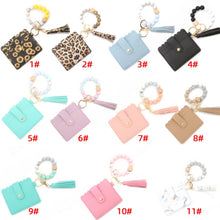 Load image into Gallery viewer, PU Tassel Silicone Bead Bracelet Wallet With Keychain, Sunflower, Yellow Leopard Print, Gray Blue, Black, 5 Mint Green, Light Purple, Pink, Khaki, 9 Mint Green, Cherry Blossom Pink, Marble