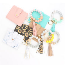 Load image into Gallery viewer, PU Tassel Silicone Bead Bracelet Wallet With Keychain, Sunflower, Yellow Leopard Print, Gray Blue, Black, 5 Mint Green, Light Purple, Pink, Khaki, 9 Mint Green, Cherry Blossom Pink, Marble