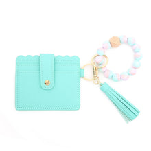 Load image into Gallery viewer, PU Tassel Silicone Bead Bracelet Wallet With Keychain, Sunflower, Yellow Leopard Print, Gray Blue, Black, 5 Mint Green, Light Purple, Pink, Khaki, 9 Mint Green, Cherry Blossom Pink, Marble