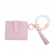 Load image into Gallery viewer, PU Tassel Silicone Bead Bracelet Wallet With Keychain, Sunflower, Yellow Leopard Print, Gray Blue, Black, 5 Mint Green, Light Purple, Pink, Khaki, 9 Mint Green, Cherry Blossom Pink, Marble