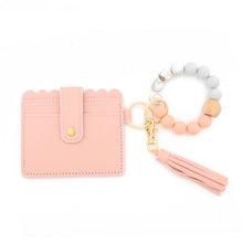 Load image into Gallery viewer, PU Tassel Silicone Bead Bracelet Wallet With Keychain, Sunflower, Yellow Leopard Print, Gray Blue, Black, 5 Mint Green, Light Purple, Pink, Khaki, 9 Mint Green, Cherry Blossom Pink, Marble