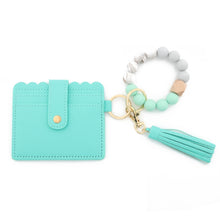 Load image into Gallery viewer, PU Tassel Silicone Bead Bracelet Wallet With Keychain, Sunflower, Yellow Leopard Print, Gray Blue, Black, 5 Mint Green, Light Purple, Pink, Khaki, 9 Mint Green, Cherry Blossom Pink, Marble