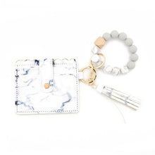 Load image into Gallery viewer, PU Tassel Silicone Bead Bracelet Wallet With Keychain, Sunflower, Yellow Leopard Print, Gray Blue, Black, 5 Mint Green, Light Purple, Pink, Khaki, 9 Mint Green, Cherry Blossom Pink, Marble