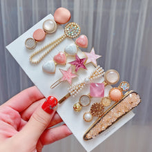 Load image into Gallery viewer, Alloy Colorful Hairpin Headgear Pearl Rhinestone Clip Set, 8PCS/Set Heavy Work, 8PCS/Set Cherry, 8PCS/Set Pink Cherry, 8PCS/Set Starfish, 7PCS/Set Mermaid, 4PCS/Set Light Blue, 6PCS/Set Purple, 7PCS/Set Diamond Hand, 7PCS/Set Gradient Green            ...