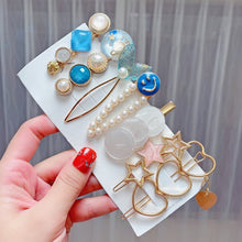 Load image into Gallery viewer, Alloy Colorful Hairpin Headgear Pearl Rhinestone Clip Set, 8PCS/Set Heavy Work, 8PCS/Set Cherry, 8PCS/Set Pink Cherry, 8PCS/Set Starfish, 7PCS/Set Mermaid, 4PCS/Set Light Blue, 6PCS/Set Purple, 7PCS/Set Diamond Hand, 7PCS/Set Gradient Green            ...