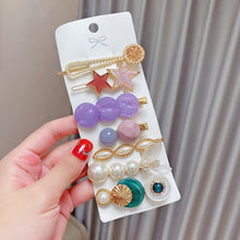 Load image into Gallery viewer, Alloy Colorful Hairpin Headgear Pearl Rhinestone Clip Set, 8PCS/Set Heavy Work, 8PCS/Set Cherry, 8PCS/Set Pink Cherry, 8PCS/Set Starfish, 7PCS/Set Mermaid, 4PCS/Set Light Blue, 6PCS/Set Purple, 7PCS/Set Diamond Hand, 7PCS/Set Gradient Green            ...