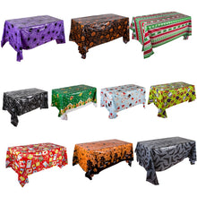 Load image into Gallery viewer, Christmas Halloween Party Event Decoration Tablecloth, Orange Pumpkin, Black Pumpkin, Black Ghost, Gray Bat, Green Pumpkin, Purple Spider, Red Snowman, Geometry, Blue Snowman, Green Biscuits