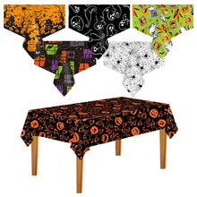 Load image into Gallery viewer, Christmas Halloween Party Event Decoration Tablecloth, Orange Pumpkin, Black Pumpkin, Black Ghost, Gray Bat, Green Pumpkin, Purple Spider, Red Snowman, Geometry, Blue Snowman, Green Biscuits