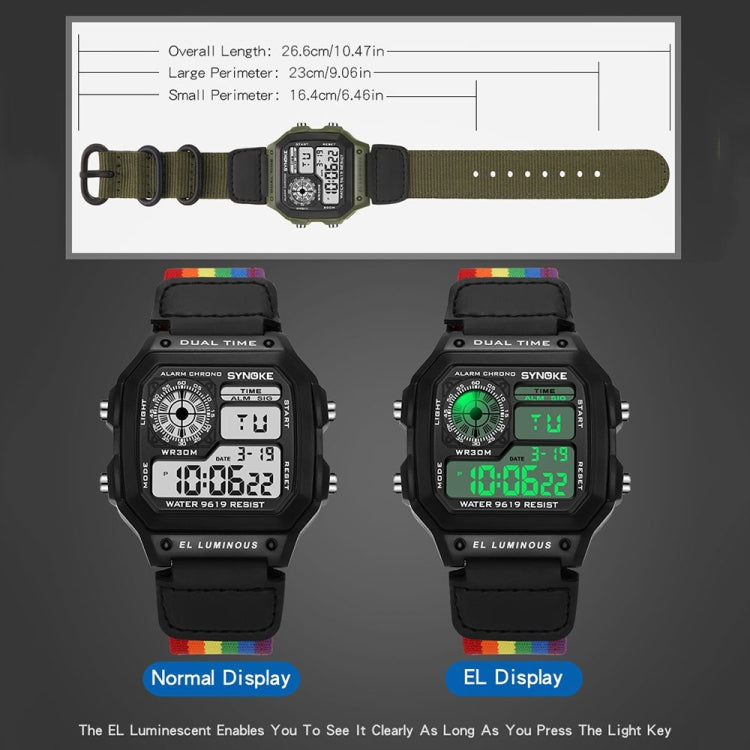 SYNOKE 9619C Nylon Canvas Strap Three-Ring Buckle Vintage Electronic Luminous Watch