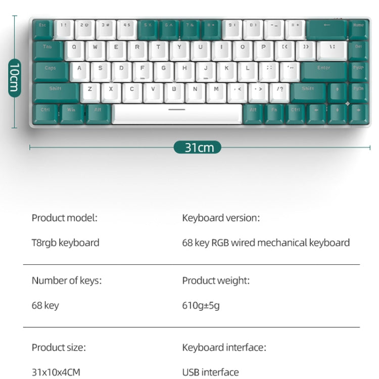 ZIYOU LANG T8 68 Keys RGB Gaming Mechanical Keyboard, Cable Length: 1.5m, Style:, T8 Bee Version Green Shaft, T8 Bee Version Red Shaft, T8 Gundam Version Green Shaft, T8 Chalk Version Green Shaft, T8 Micro Light Version Green Shaft                     ...