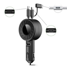 Load image into Gallery viewer, 3 In 1 USB Dual Cable Single Pull Retractable Car Charger, Red, Black