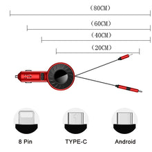 Load image into Gallery viewer, 3 In 1 USB Dual Cable Single Pull Retractable Car Charger, Red, Black