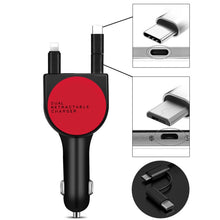 Load image into Gallery viewer, 3 In 1 3.1A Dual USB Single Pull Retractable Fast QC3.0 Car Charger, Red, White, Blue, Green, Black