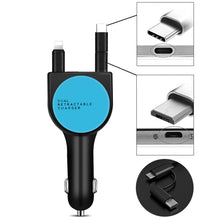 Load image into Gallery viewer, 3 In 1 3.1A Dual USB Single Pull Retractable Fast QC3.0 Car Charger, Red, White, Blue, Green, Black