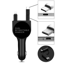 Load image into Gallery viewer, 3 In 1 3.1A Dual USB Single Pull Retractable Fast QC3.0 Car Charger, Red, White, Blue, Green, Black