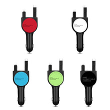 Load image into Gallery viewer, 3 In 1 3.1A Dual USB Single Pull Retractable Fast QC3.0 Car Charger, Red, White, Blue, Green, Black