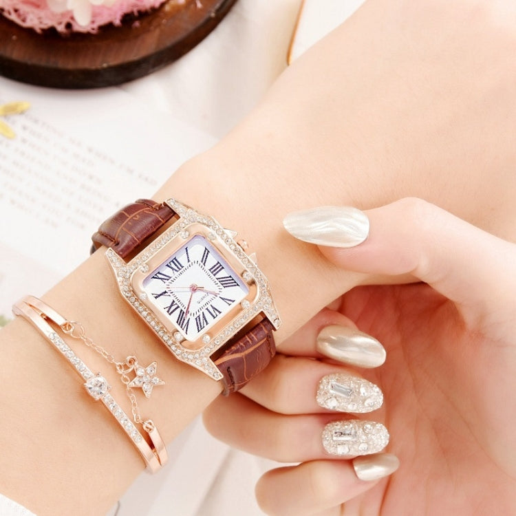 Women Fashion Tonneau Square Strap Quartz Watch, White, Red, Black, Brown+Bracelet, Green+Bracelet, Black+Bracelet, Pink+Bracelet