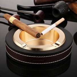 HONEST Cigar Ashtray Metal Cowhide Leather Personalized Ashtray, No Logo, Gold, Silver, Black+Black, White+Black skin