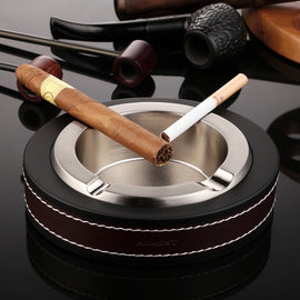HONEST Cigar Ashtray Metal Cowhide Leather Personalized Ashtray, No Logo, Gold, Silver, Black+Black, White+Black skin