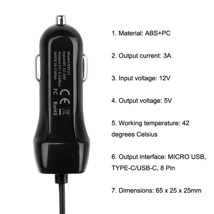 522AL Fast Charging With Cable Car Charging, Output Interface:, 8 Pin (Black), 8 Pin (White), Type-C/USB-C (Black), Type-C/USB-C (White), Micro USB (Black), Micro USB (White)