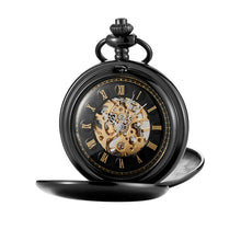 Load image into Gallery viewer, pm240 Classic Double Open Double Face Vintage Manual Mechanical Pocket Watch with Roman Lettering, Black Shell Black Face Gold Movement, Silver Shell Silver Face Silver Movement, Gold Shell Gold Face Movement, Round Opening Gold Shell Gold Face
