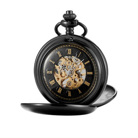pm240 Classic Double Open Double Face Vintage Manual Mechanical Pocket Watch with Roman Lettering, Black Shell Black Face Gold Movement, Silver Shell Silver Face Silver Movement, Gold Shell Gold Face Movement, Round Opening Gold Shell Gold Face