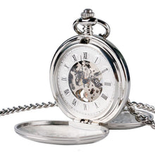 Load image into Gallery viewer, pm240 Classic Double Open Double Face Vintage Manual Mechanical Pocket Watch with Roman Lettering, Black Shell Black Face Gold Movement, Silver Shell Silver Face Silver Movement, Gold Shell Gold Face Movement, Round Opening Gold Shell Gold Face