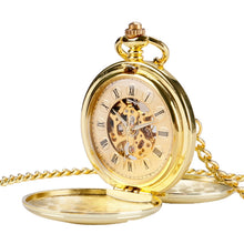Load image into Gallery viewer, pm240 Classic Double Open Double Face Vintage Manual Mechanical Pocket Watch with Roman Lettering, Black Shell Black Face Gold Movement, Silver Shell Silver Face Silver Movement, Gold Shell Gold Face Movement, Round Opening Gold Shell Gold Face