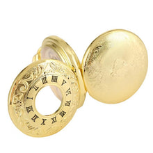Load image into Gallery viewer, pm240 Classic Double Open Double Face Vintage Manual Mechanical Pocket Watch with Roman Lettering, Black Shell Black Face Gold Movement, Silver Shell Silver Face Silver Movement, Gold Shell Gold Face Movement, Round Opening Gold Shell Gold Face