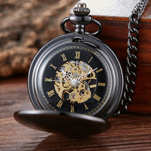 Load image into Gallery viewer, pm240 Classic Double Open Double Face Vintage Manual Mechanical Pocket Watch with Roman Lettering, Black Shell Black Face Gold Movement, Silver Shell Silver Face Silver Movement, Gold Shell Gold Face Movement, Round Opening Gold Shell Gold Face