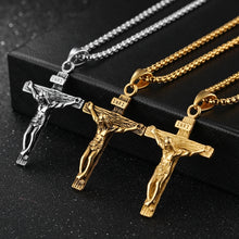 Load image into Gallery viewer, OPK 810 Retro Cross Frame Titanium Steel Men Pendant Necklace, [Gold Black Pendant, Steel Color+3x55cm Pearl Chain, Gold+3x55cm Pearl Chain, Gold Black+3x55cm Pearl Chain, Steel Color Pendant, Gold Pendant